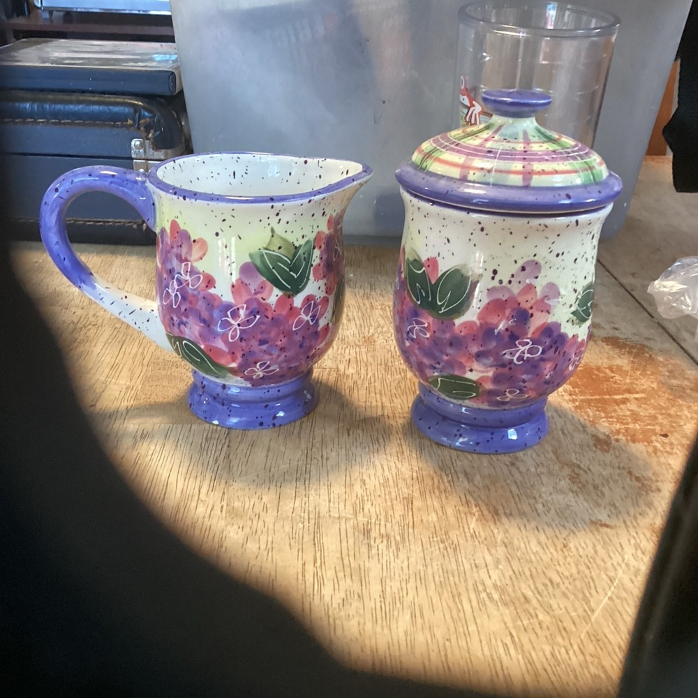 Julie Ueland Hand Painted Milk Creamer Sugar Set Pottery Floral Blue Pink 2000